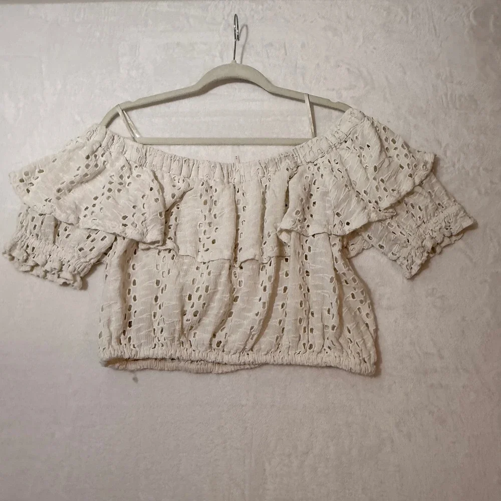 Free People Cream Eyelet Off The Shoulder Top Medium Ruffle Boho Cropped